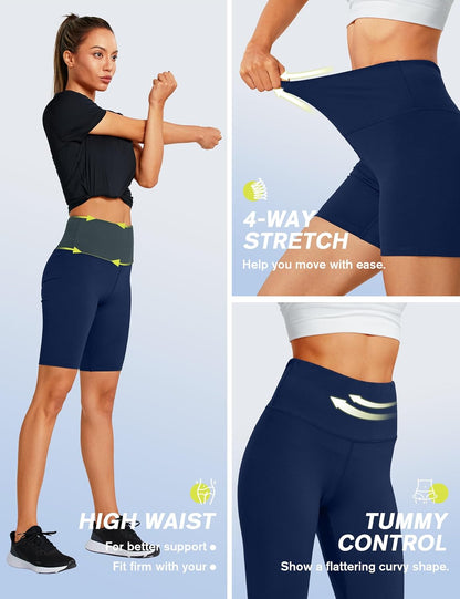 10"/ 5" Biker Shorts Women High Waisted with 2 Hidden Pockets Workout Athletic Running Yoga Long Shorts